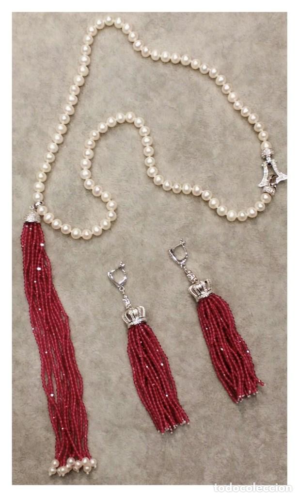 Joyeria: CONJUNTO DE COLLAR Y PENDIENTES DE PERLA Y RUBIES. - Foto 2