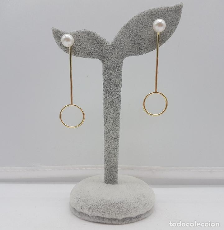 Joyeria: Pendientes de dise&ntilde;o sofisticado en plata de ley sobredorada en oro de 18k y perlas . - Foto 1