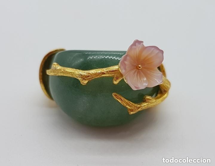 Joyeria: Sublime anillo de diseño en plata 925, oro amarillo, jade y rosa tallada en madreperla, una belleza. - Foto 5 - 235013735