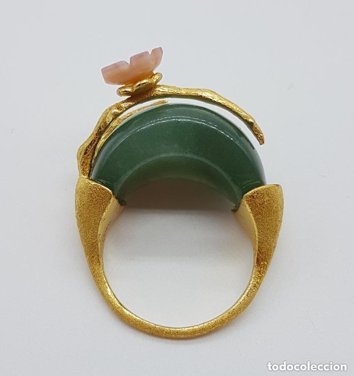 Joyeria: Sublime anillo de diseño en plata 925, oro amarillo, jade y rosa tallada en madreperla, una belleza. - Foto 7 - 235013735
