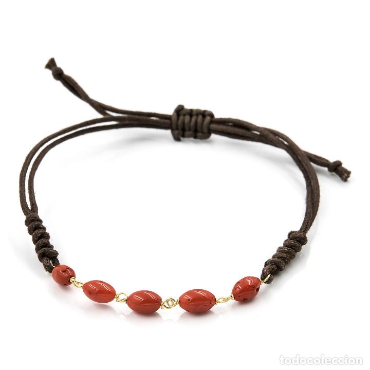 Joyeria: Pulsera Corales y Oro de Ley en Cuero Marr&oacute;n - Foto 1