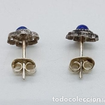 Joyeria: Bonitos pendientes antiguos peque&ntilde;os de boton con cabuj&oacute;n de s&iacute;mil de lapisl&aacute;zuli. - Foto 4