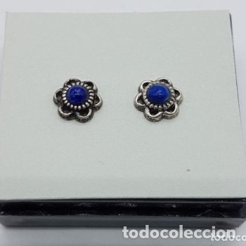 Joyeria: Bonitos pendientes antiguos peque&ntilde;os de boton con cabuj&oacute;n de s&iacute;mil de lapisl&aacute;zuli. - Foto 1