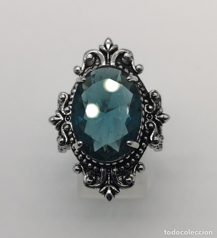 Joyeria: Magnífico anillo de estilo gótico con acabado en plata de vieja y cristal austriaco azul talla oval - Foto 1 - 275614268