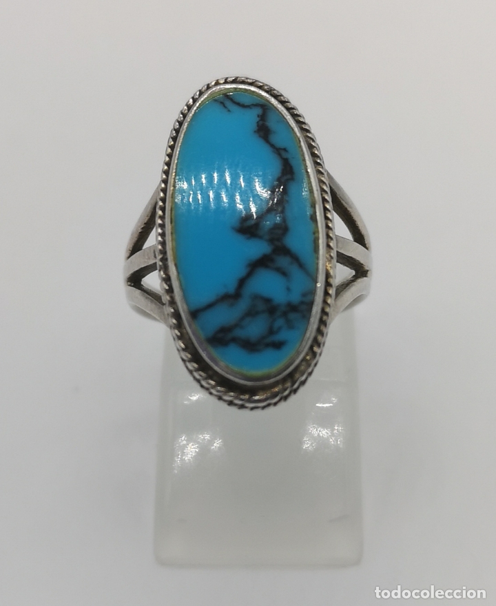 Joyeria: Anillo antiguo en plata de ley contrastada con cabuj&oacute;n turquesa . - Foto 2