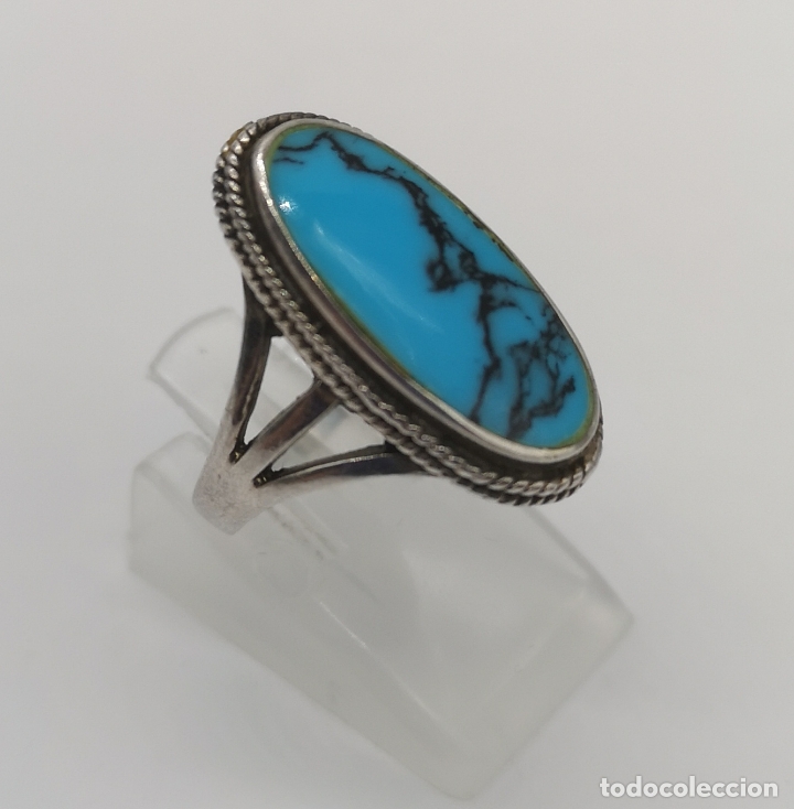 Joyeria: Anillo antiguo en plata de ley contrastada con cabuj&oacute;n turquesa . - Foto 3