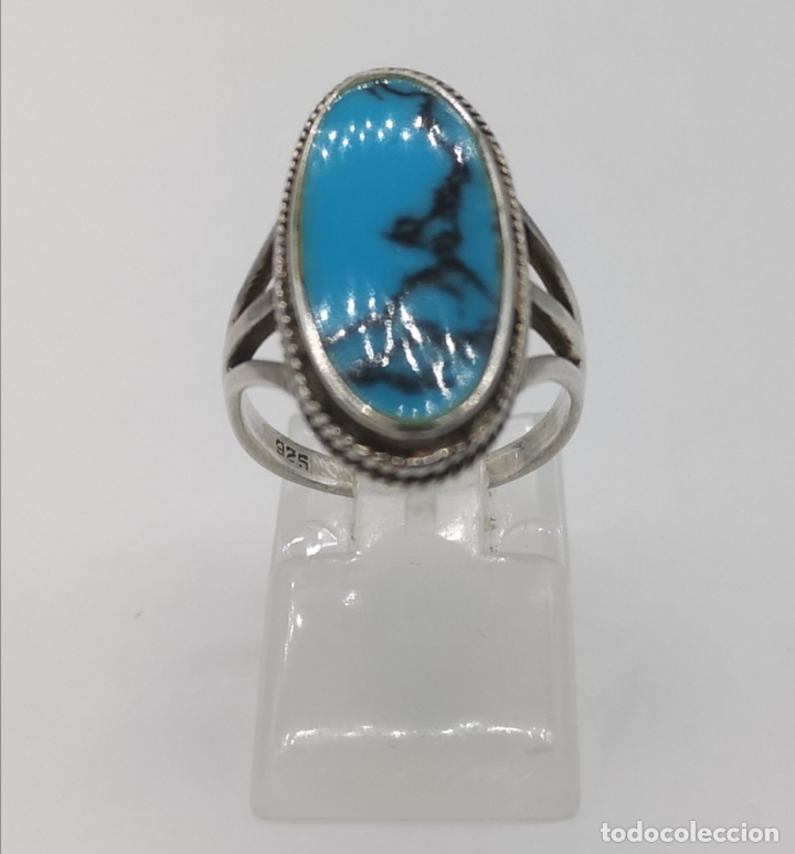 Joyeria: Anillo antiguo en plata de ley contrastada con cabuj&oacute;n turquesa . - Foto 4