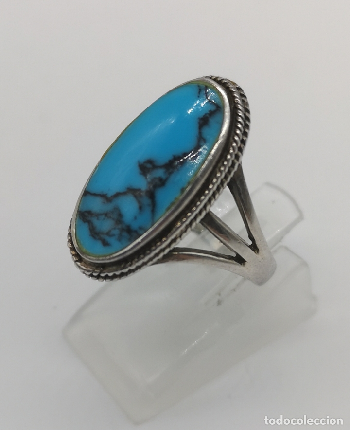 Joyeria: Anillo antiguo en plata de ley contrastada con cabuj&oacute;n turquesa . - Foto 1