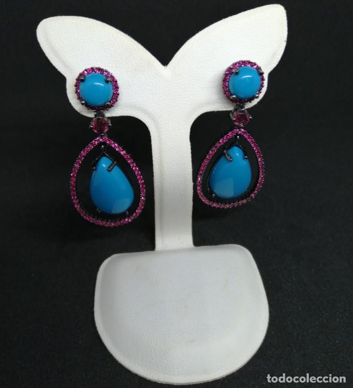 Joyeria: Pendientes Circonitas y Turquesas Plata de Ley rodiada - Foto 2