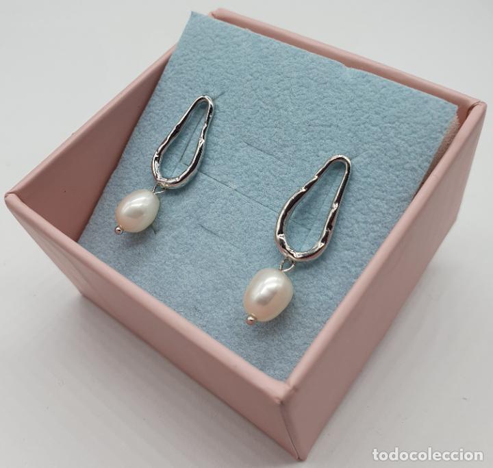 Joyeria: Sofisticados pendientes en plata de ley de dise&ntilde;o minimalista con perlas . - Foto 2
