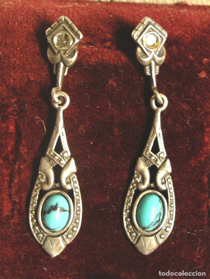 Joyeria: Pendientes plata de Ley, con Turquesas. Med. 4,5 cm - Foto 1