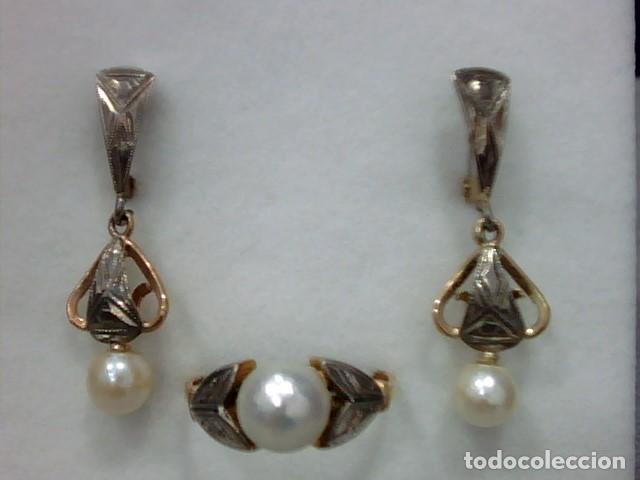 Joyeria: juego de pendientes y anillo oro 14kts y perlas