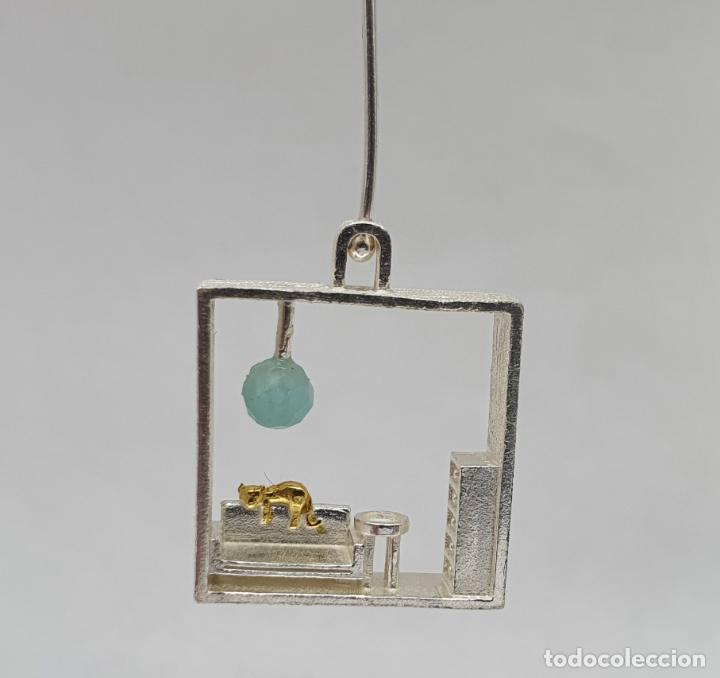 Joyeria: Originales pendientes minimalistas, cuarto con gato en plata de ley, oro de 18k, y jade . - Foto 6 - 304072413