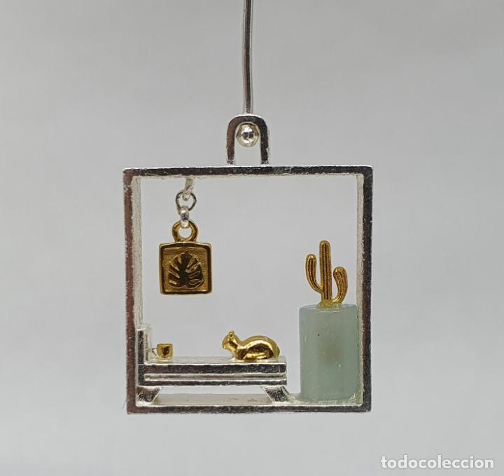 Joyeria: Originales pendientes minimalistas, cuarto con gato en plata de ley, oro de 18k, y jade . - Foto 7 - 304072413