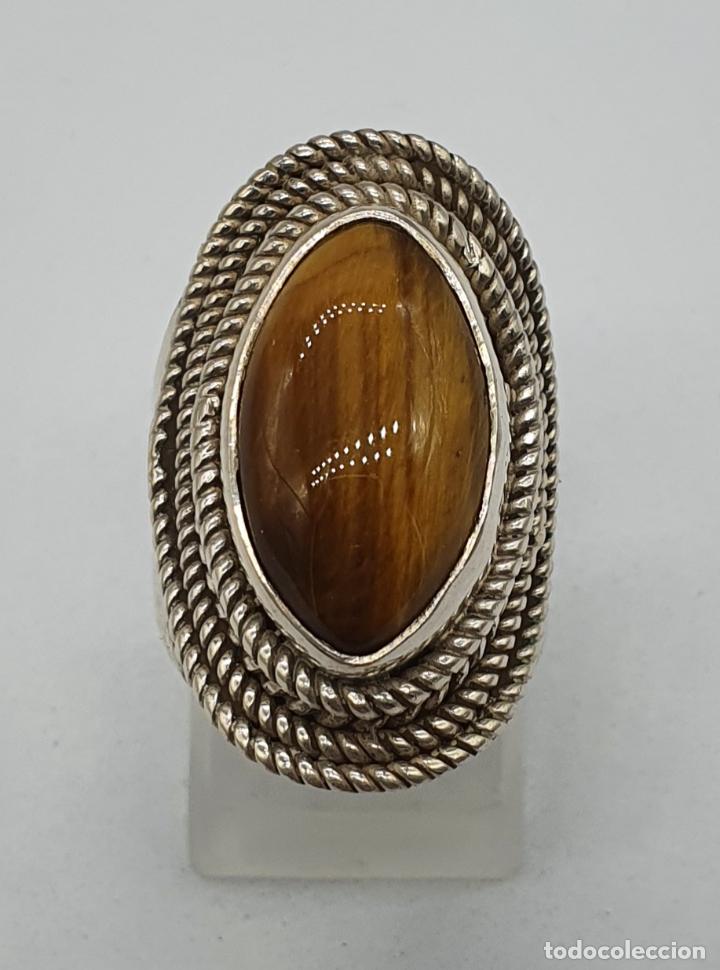 Joyeria: Magnífico anillo antiguo en plata de ley trabajada a mano con gran cabujón de ojo de tigre auténtico - Foto 5 - 245351855