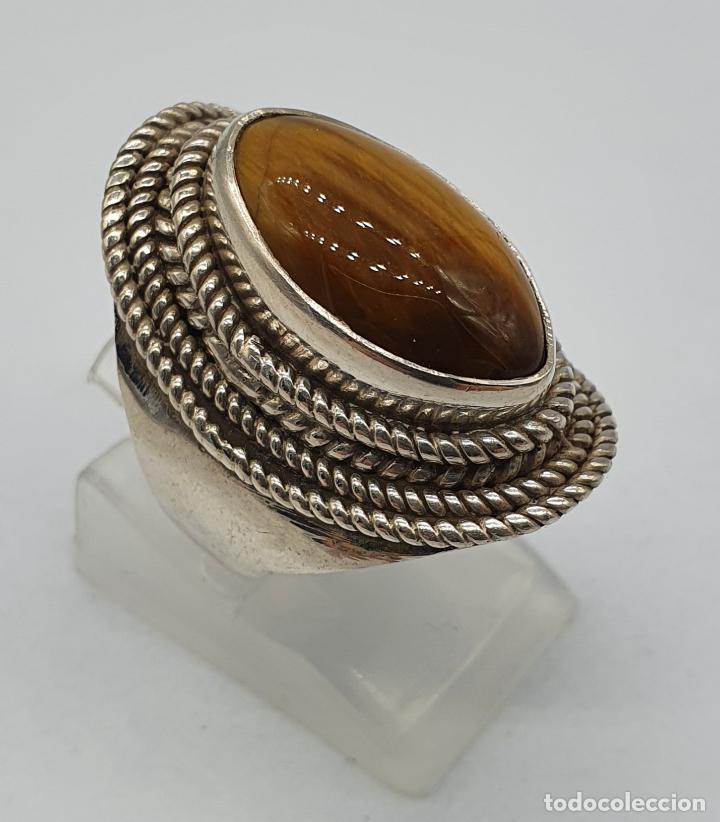 Joyeria: Magnífico anillo antiguo en plata de ley trabajada a mano con gran cabujón de ojo de tigre auténtico - Foto 1 - 245351855