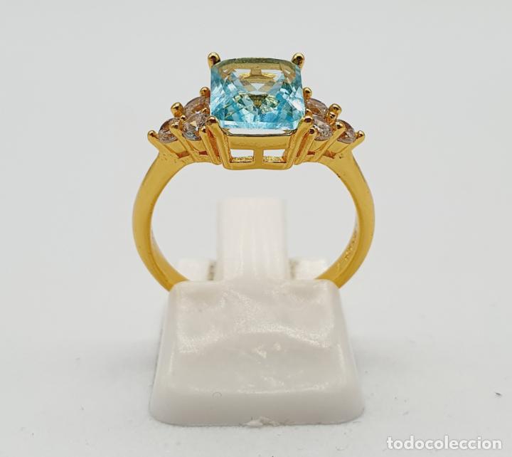 Joyeria: Precioso anillo de corte art decó chapado en oro de 18k, circonitas , y aguamarina creada . - Foto 4 - 238505000