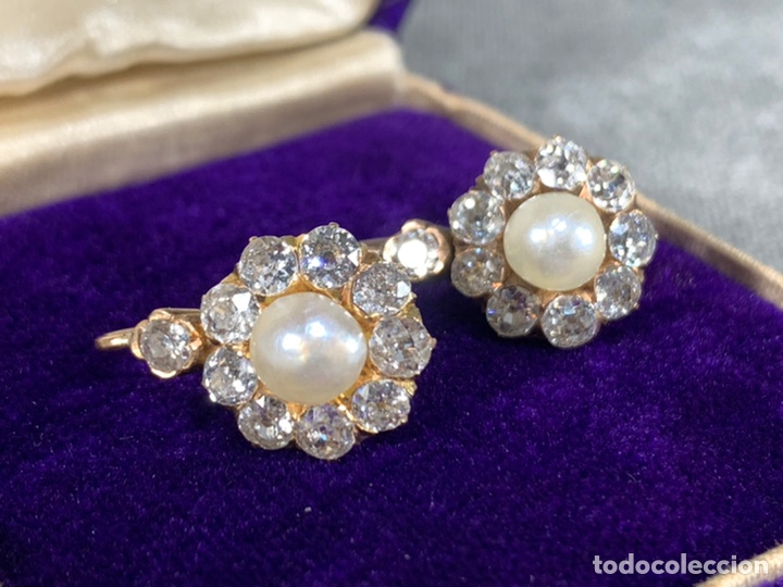 Joyeria: ANTIGUOS PENDIENTES ORO 18K, DIAMANTES TALLA ROCA, 3 KILATES Y PERLA NATURAL - SIGLO XIX -. Lote 246598625