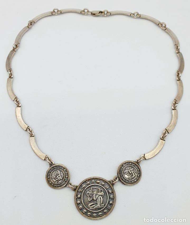 Joyeria: Gargantilla vintage en plata de ley maciza y contrastada con bellos motivos aztecas en relieve . - Foto 5 - 250160605