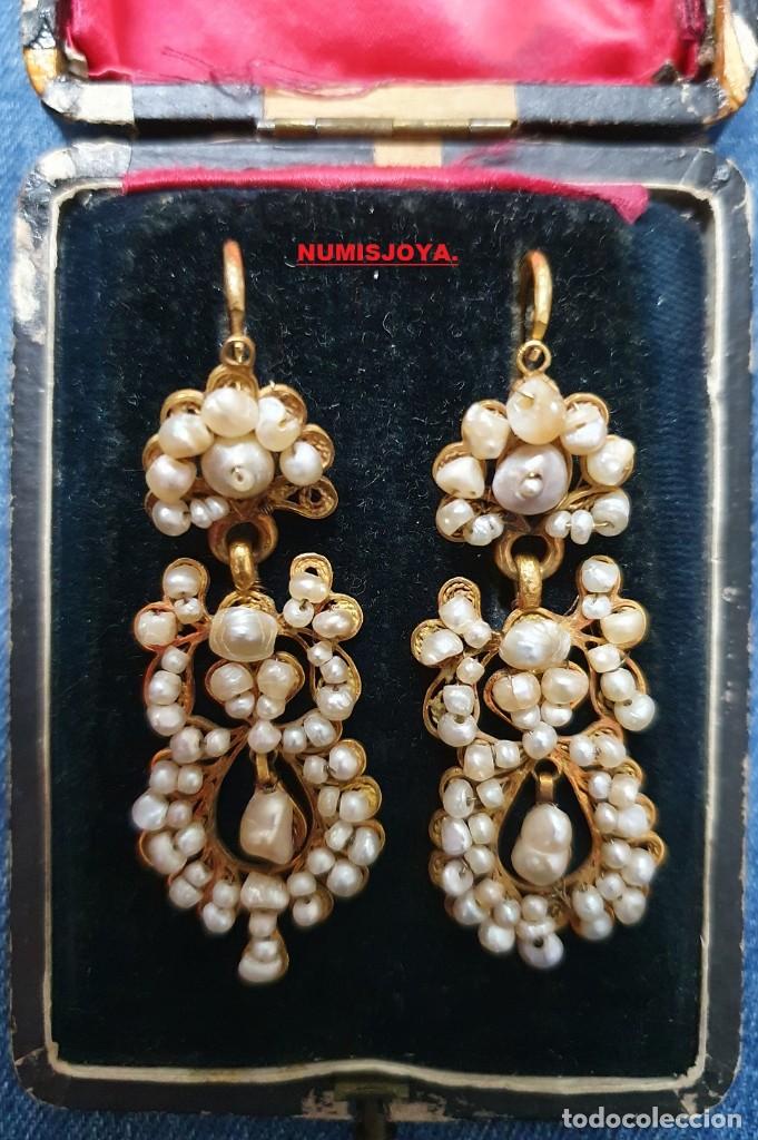 Joyeria: A&ntilde;o 1880 Pendientes Oro 18 quilates Perlas finas de alj&oacute;far. Peso 14,02 gr. Largo 55 mm., m&aacute;s cierre