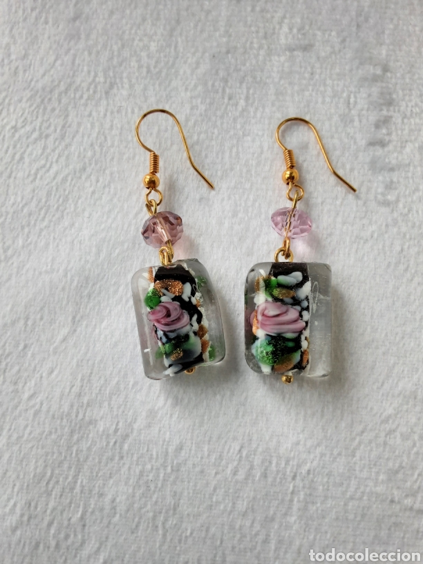 Joyeria: Antiguos Pendientes de cristal de murano. Dise&ntilde;o de flor, inclusiones de oro