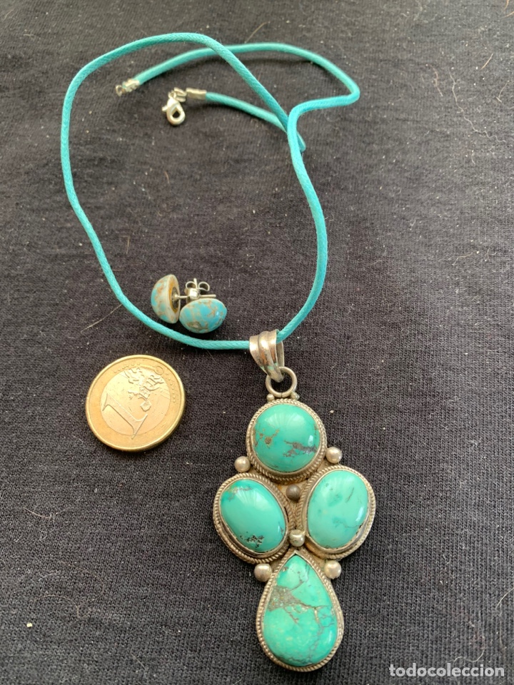 Joyeria: Colgante de plata y turquesas con cord&oacute;n y pendientes - Foto 1