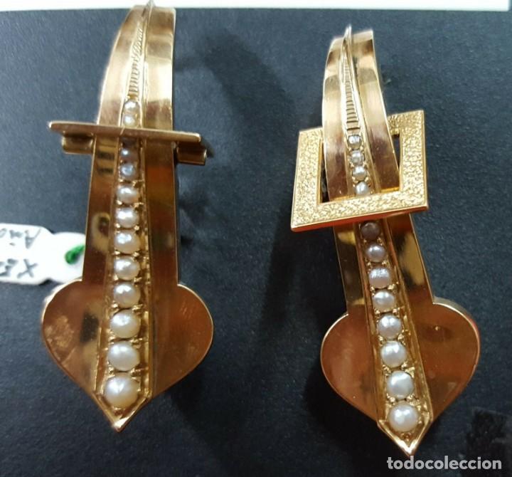 Joyeria: A&ntilde;o 1900. Pendientes Oro 18 quilates con Perlas de alj&oacute;far. Peso 12,25 gr. 40 mm., m&aacute;s el cierre.