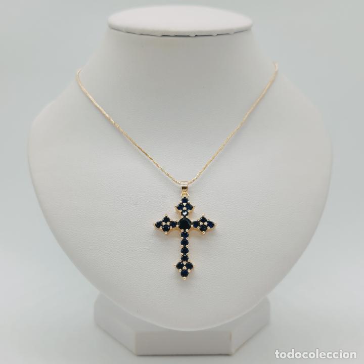 Joyeria: Bella cruz vintage de estilo art decó chapada en oro de 18k y zafiros creados, cadena incluida . - Foto 5 - 302195703
