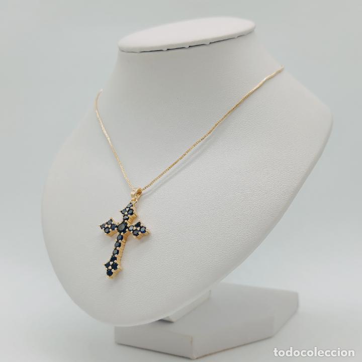 Joyeria: Bella cruz vintage de estilo art decó chapada en oro de 18k y zafiros creados, cadena incluida . - Foto 6 - 302195703