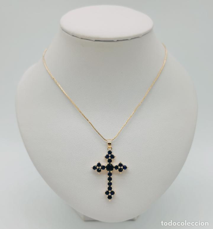 Joyeria: Bella cruz vintage de estilo art decó chapada en oro de 18k y zafiros creados, cadena incluida . - Foto 7 - 302195703
