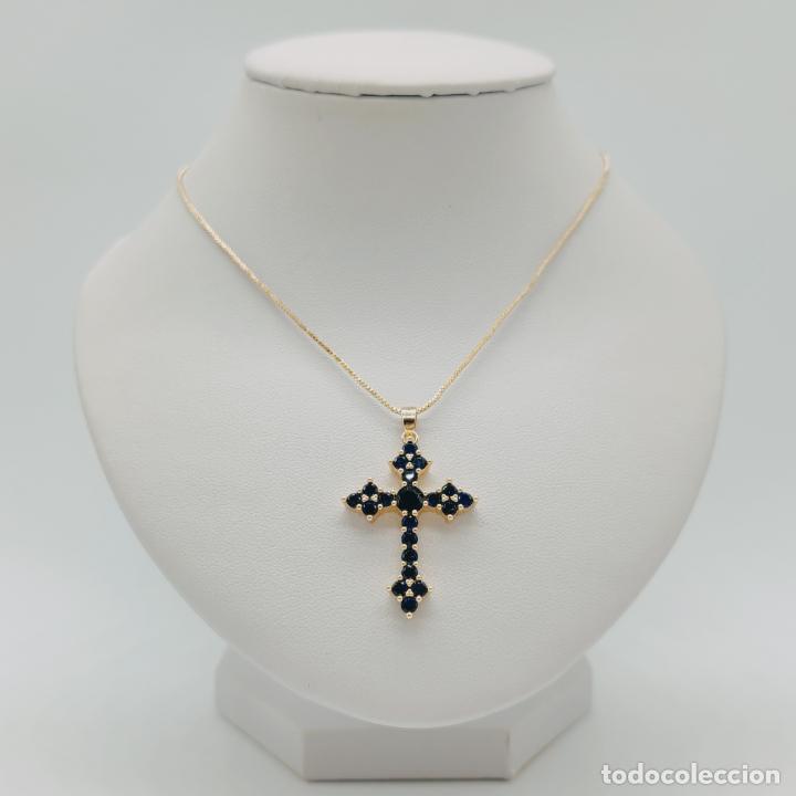 Joyeria: Bella cruz vintage de estilo art decó chapada en oro de 18k y zafiros creados, cadena incluida . - Foto 9 - 302195703