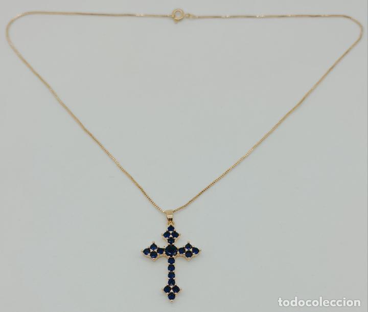 Joyeria: Bella cruz vintage de estilo art decó chapada en oro de 18k y zafiros creados, cadena incluida . - Foto 10 - 302195703