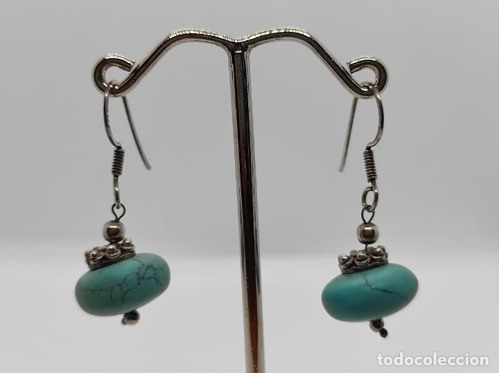 Joyeria: Preciosos pendientes antiguos en plata de ley contrastada y turquesas.