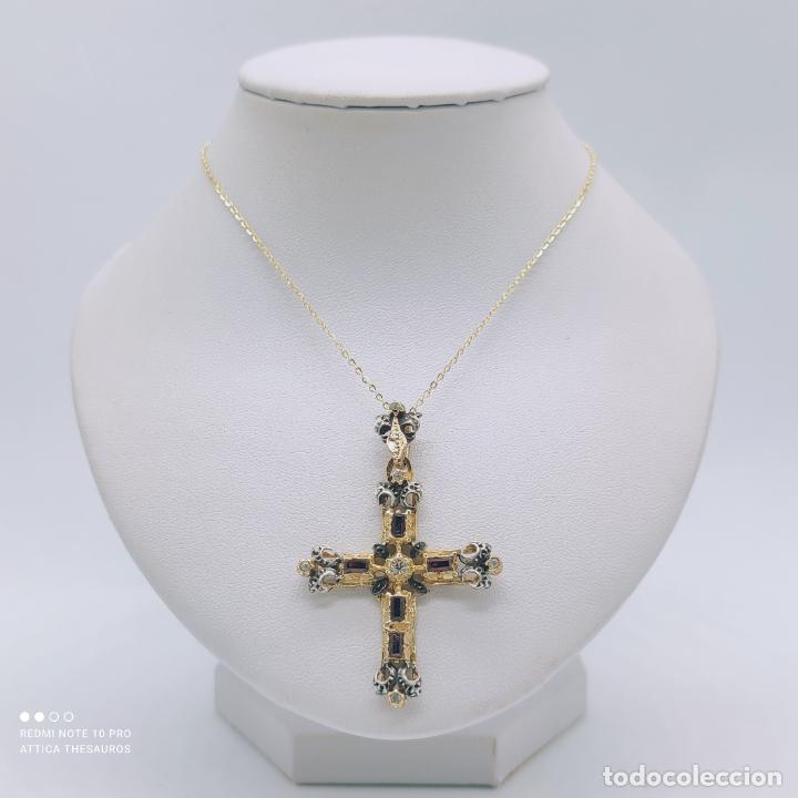 Joyeria: Bella cruz antigua de estilo rococó en plata de ley, oro de 18k, circonitas y amatistas talla baguet - Foto 5 - 293922723