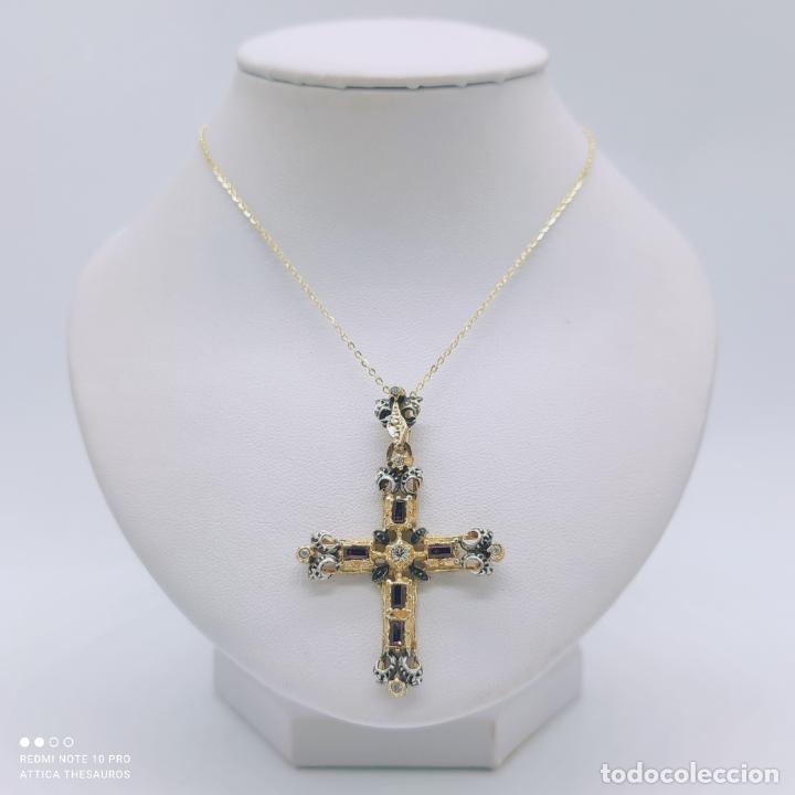 Joyeria: Bella cruz antigua de estilo rococó en plata de ley, oro de 18k, circonitas y amatistas talla baguet - Foto 7 - 293922723