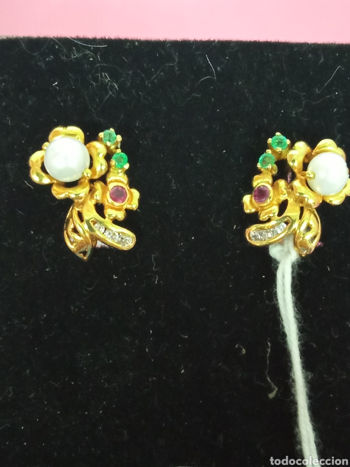 Joyeria: Pendientes de oro con perla esmeralda y circonitas V - Foto 1