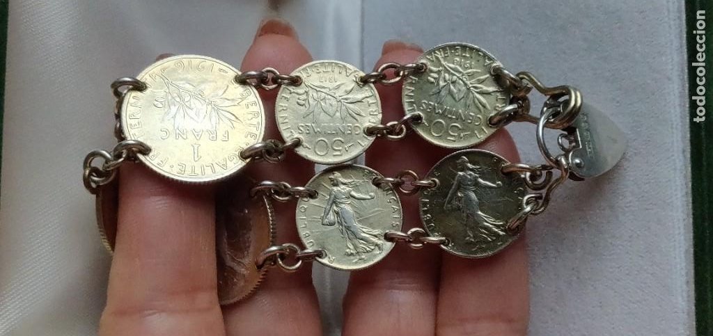 Joyeria: Pulsera vintage de monedas de plata de ley bañada en oro - Foto 7 - 300879163