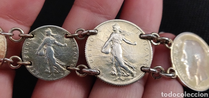 Joyeria: Pulsera vintage de monedas de plata de ley bañada en oro - Foto 39 - 300879163