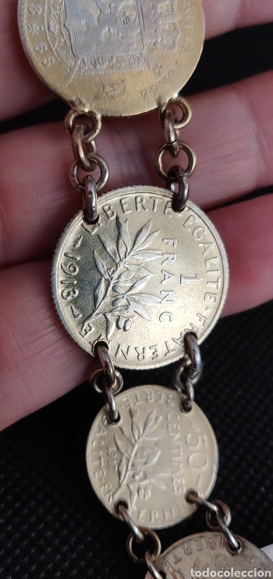 Joyeria: Pulsera vintage de monedas de plata de ley bañada en oro - Foto 8 - 300879163