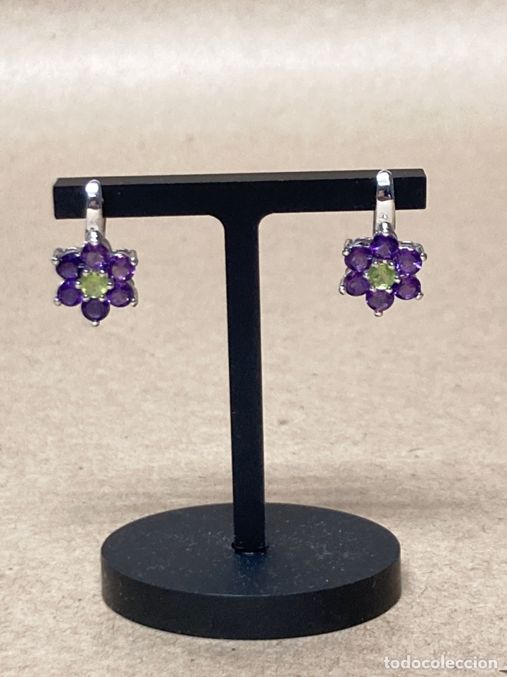 pendientes de plata rosetón color morado y verd - Buy Antique earrings at  todocoleccion - 340059528