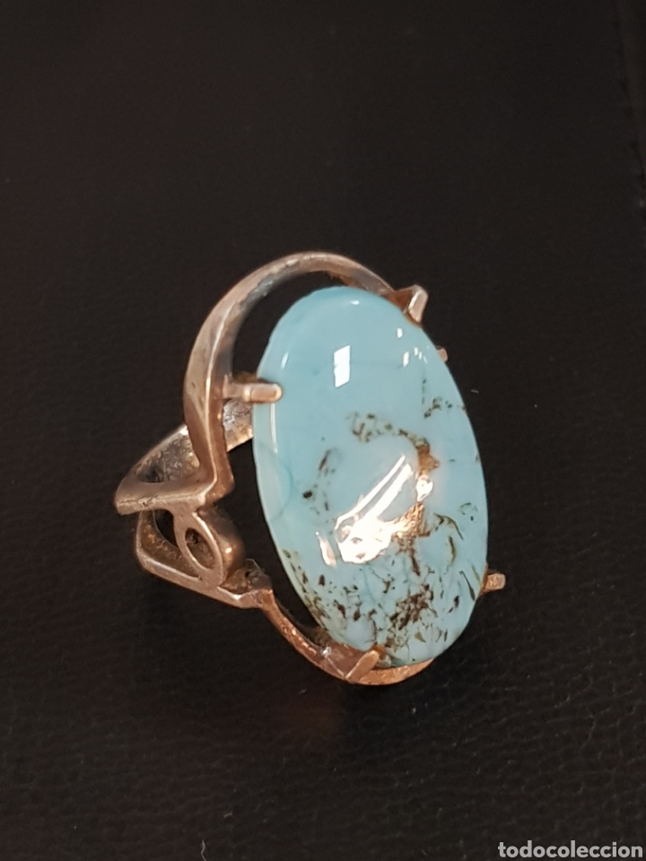 Joyeria: Anillo antiguo en plata de ley contrastada con cabuj&oacute;n turquesa . - Foto 1
