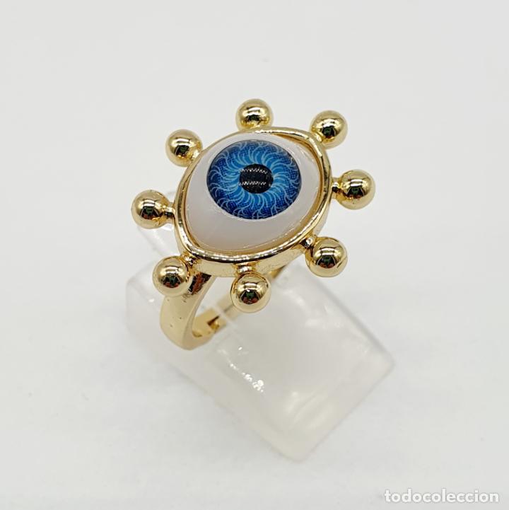 Joyeria: Original anillo ba&ntilde;ado en oro de 18k con cabuj&oacute;n en forma de ojo protector. - Foto 3