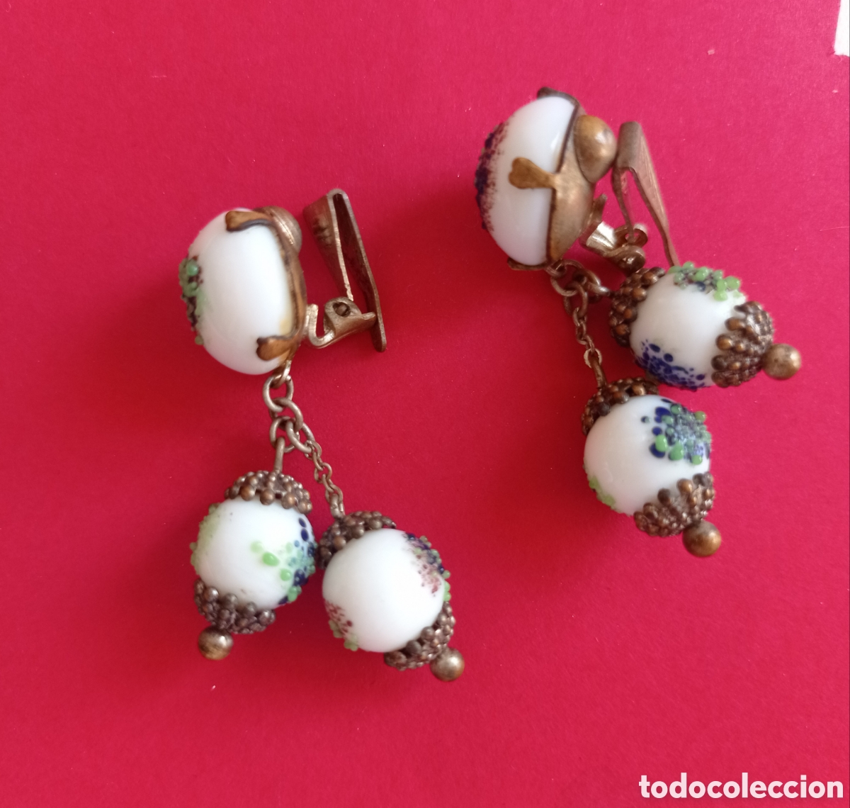 Joyeria: ⚜️ANTIGUOS PENDIENTES DE PORCELANA PINTADA - Foto 2