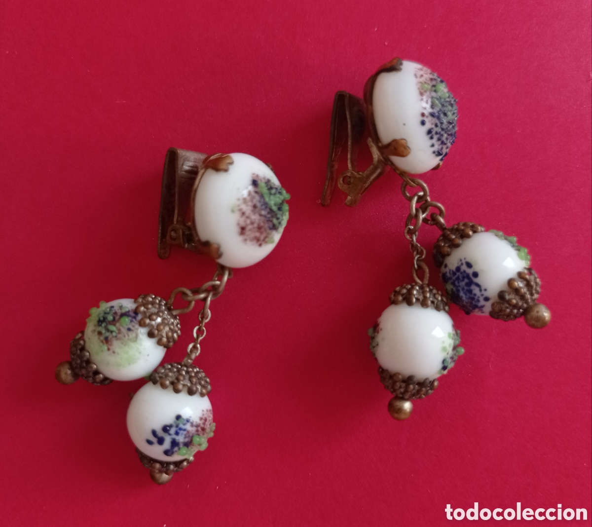 Joyeria: ⚜️ANTIGUOS PENDIENTES DE PORCELANA PINTADA - Foto 4