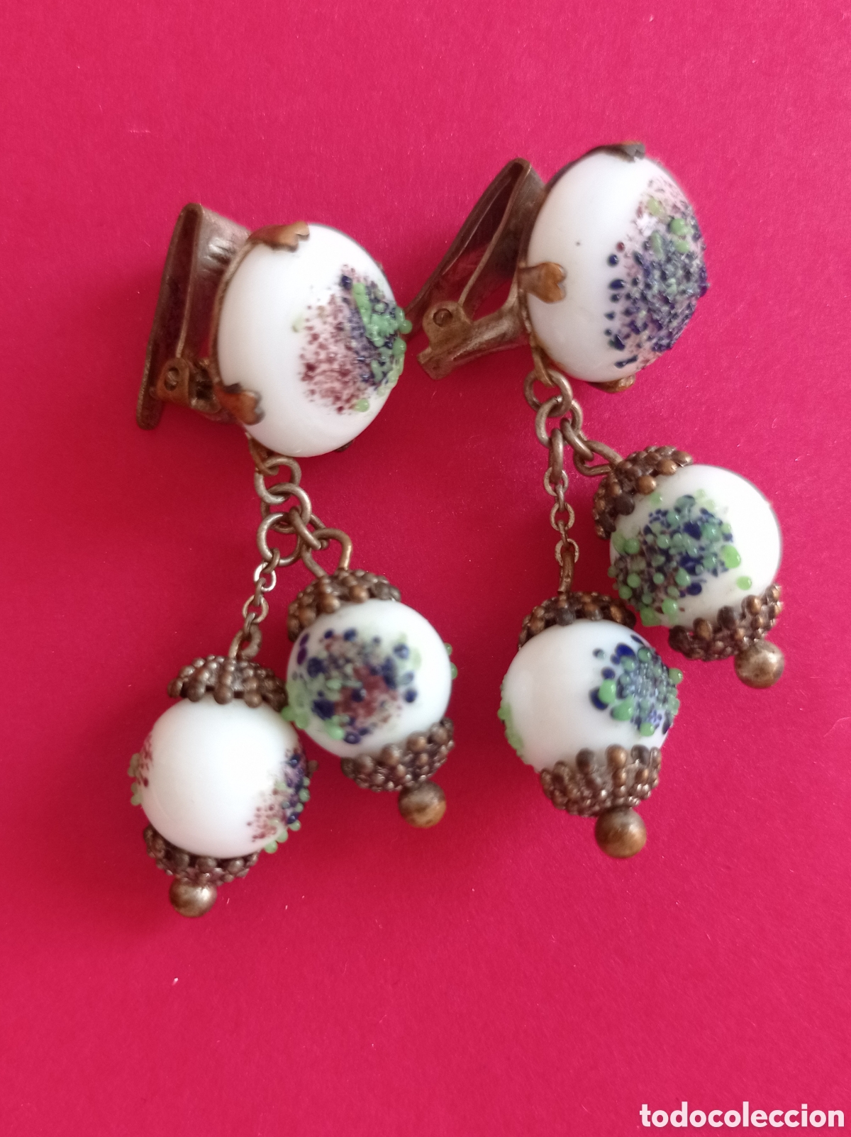 Joyeria: ⚜️ANTIGUOS PENDIENTES DE PORCELANA PINTADA - Foto 1