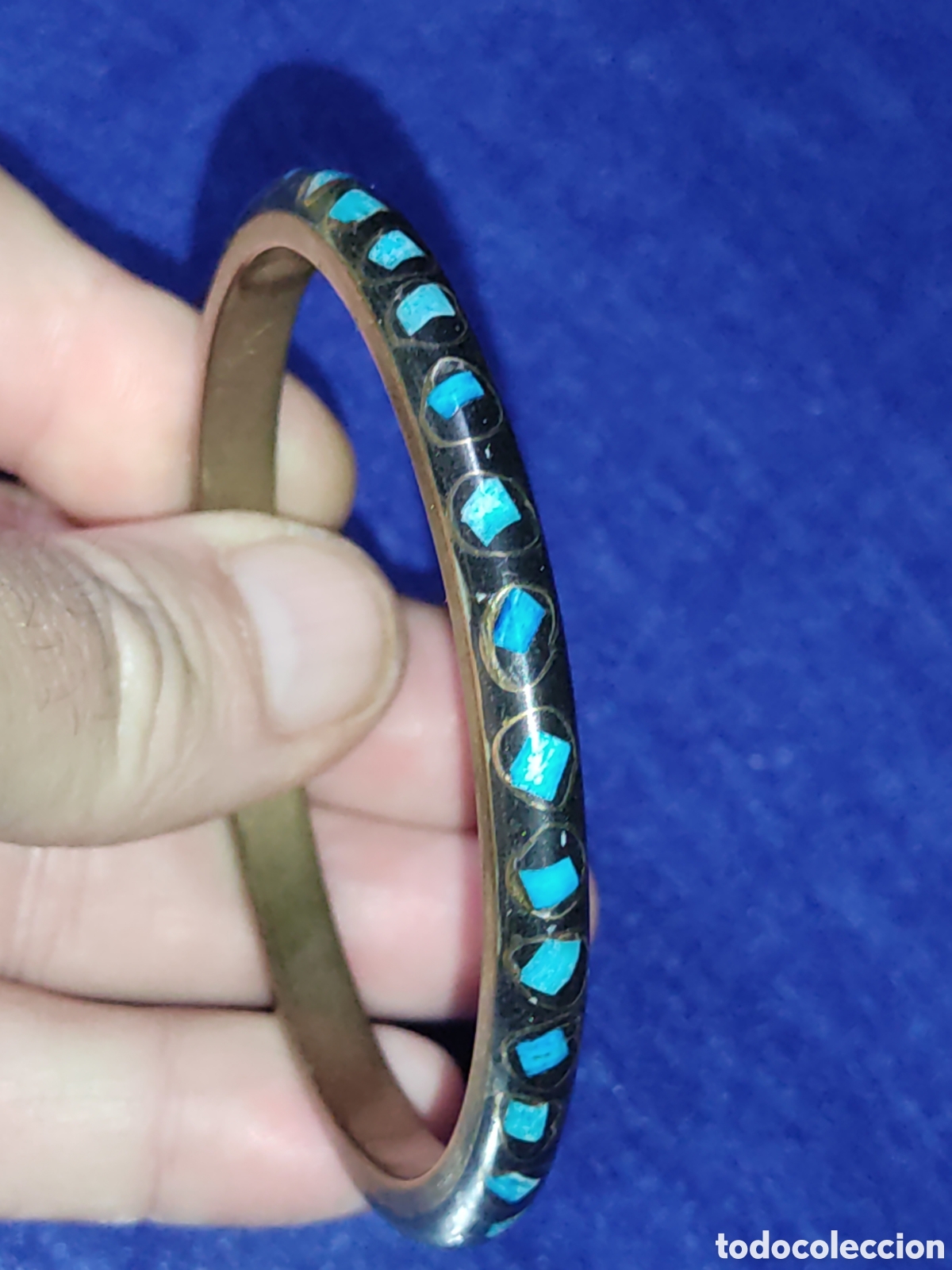 Joyeria: Pulsera esmaltada con trocitos de turquesa,vintage - Foto 5
