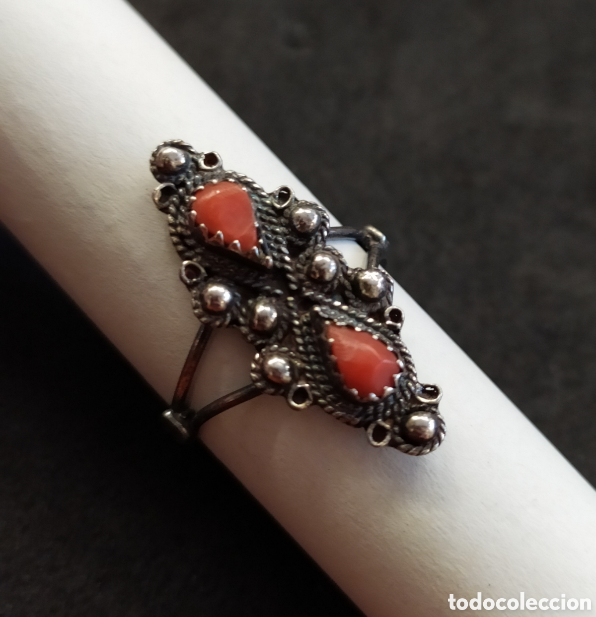 Joyeria: Antiguo anillo de plata y coral rojo. - Foto 5