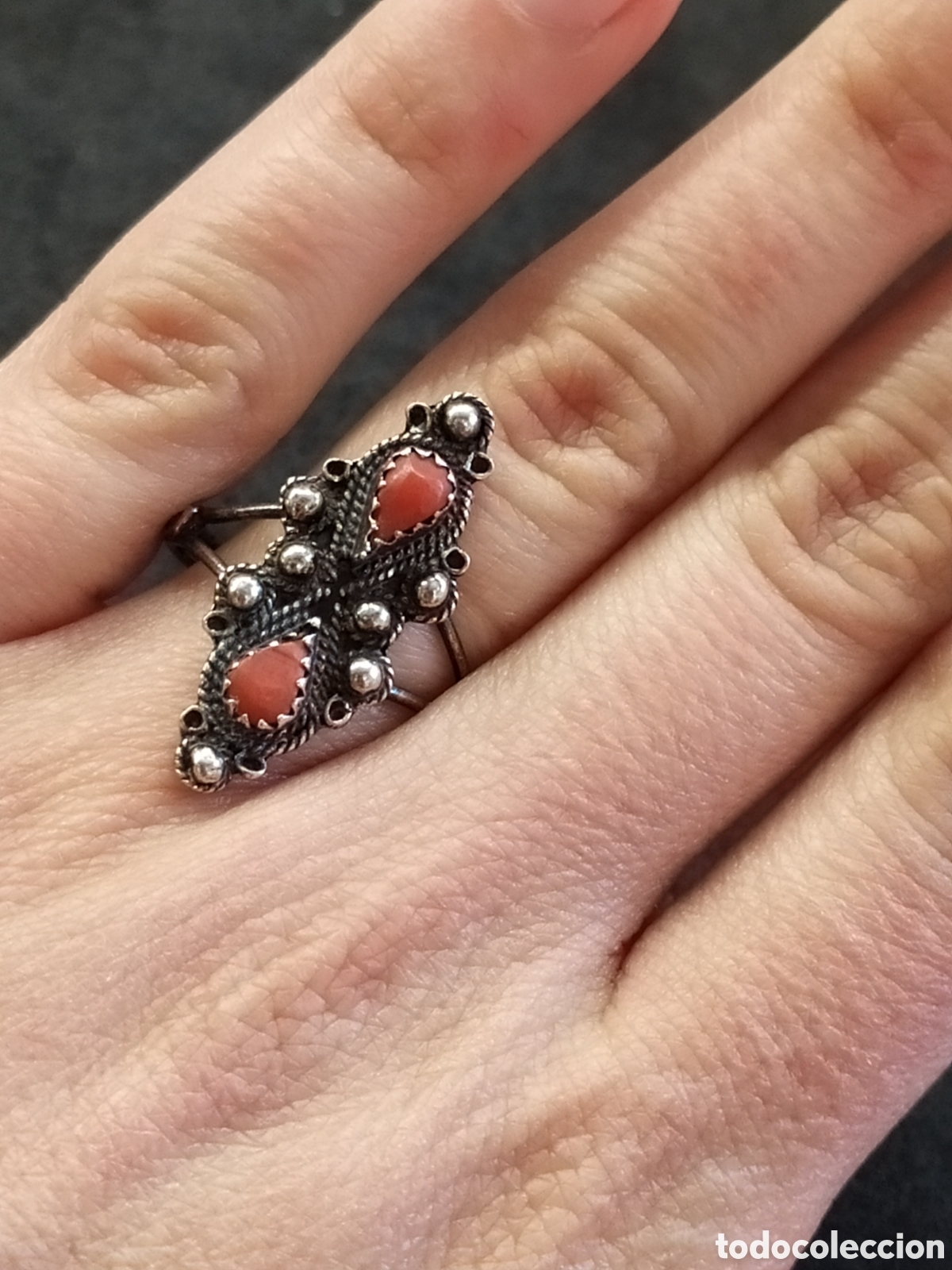 Joyeria: Antiguo anillo de plata y coral rojo. - Foto 7