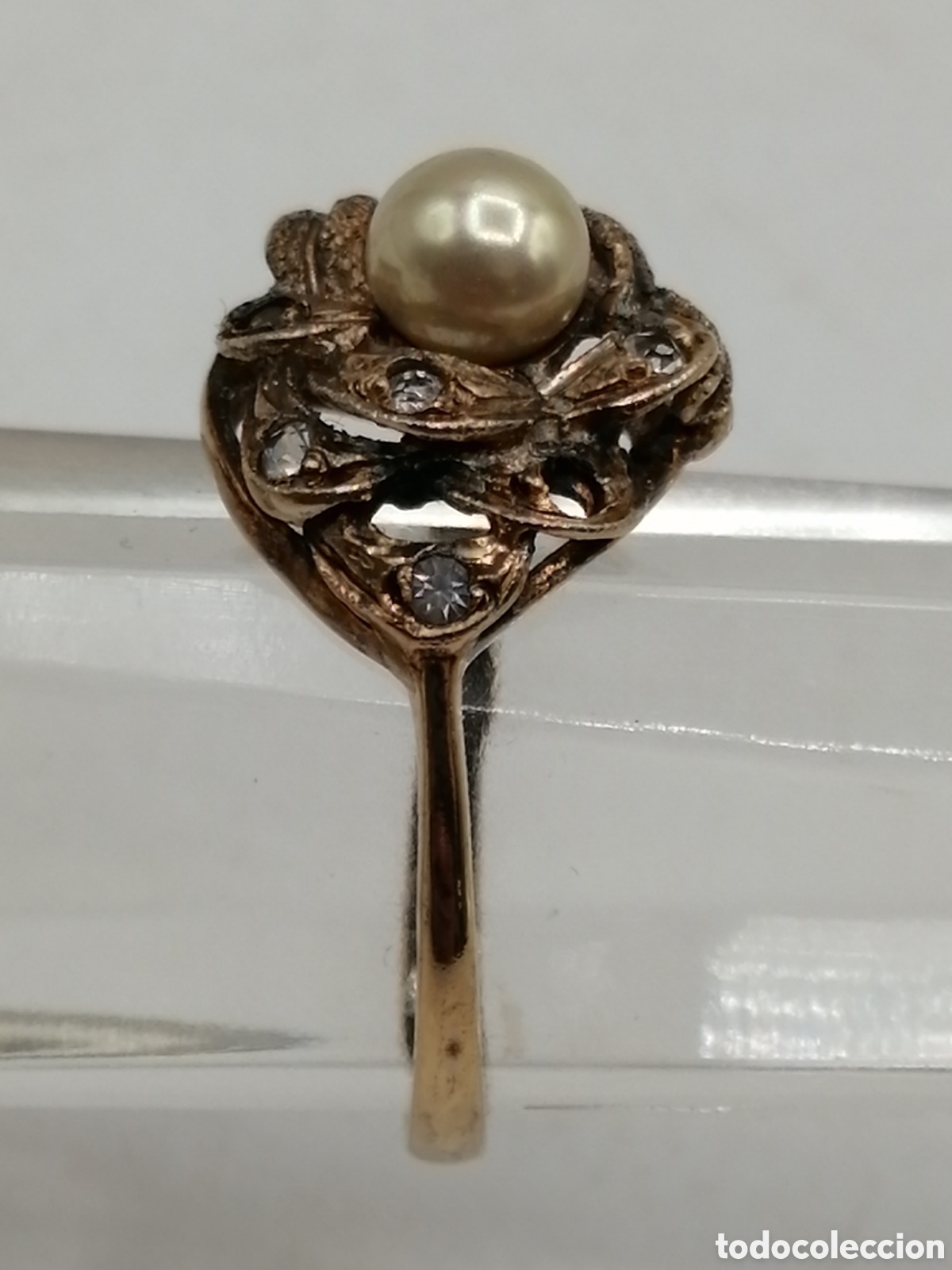 Joyeria: Antiguo anillo plata chapada oro perla y circonitas - Foto 2
