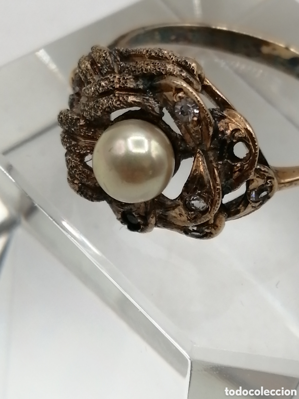 Joyeria: Antiguo anillo plata chapada oro perla y circonitas - Foto 6